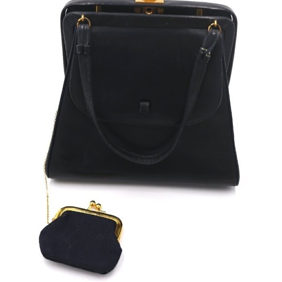 Vintage Koret Calfskin Mini Bag with attached Change Purse Black Blue Clamshell - Picture 1 of 16
